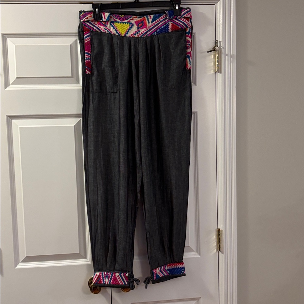 Velzera Gray Pants with Vibrant Aztec Trim